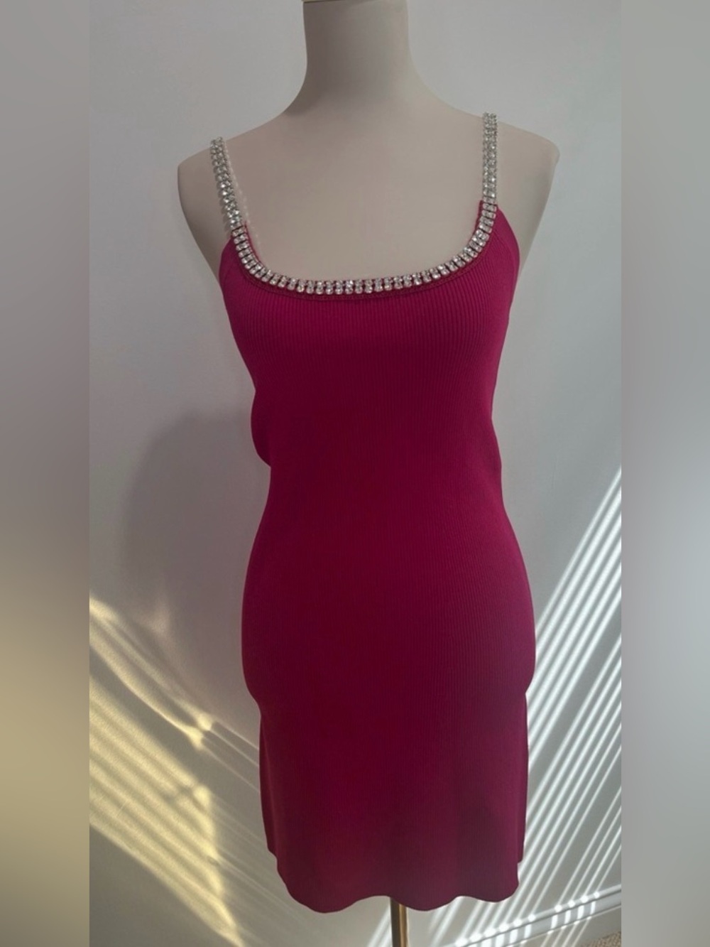 Paco Rabanne Crystal Embellished Ribbed Knit Mini Dress in Pink Raspberry - Picture 9 of 13